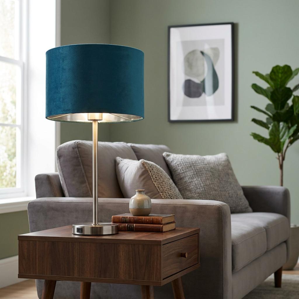 Teal velvet table lamp with a satin nickel base on a dark wood side table in a modern living room.