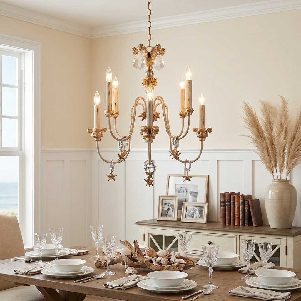 Flambeau Mignon gold and silver 8-arm chandelier with starfish charms in a coastal-themed dining room.