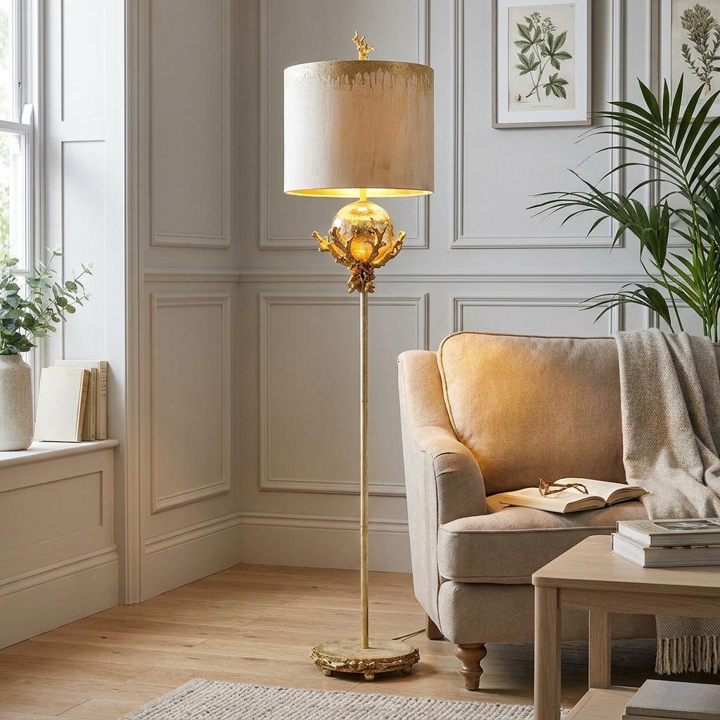 Elegant floor lamp with gold coral accents and a linen shade standing next to a beige armchair in a bright room.