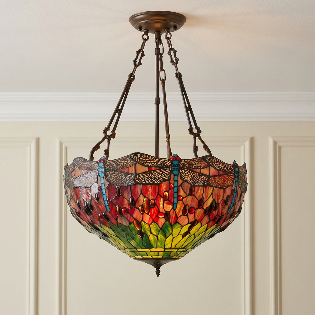 Inverted Tiffany ceiling light featuring red and amber glass with blue dragonfly designs hanging from bronze chains.