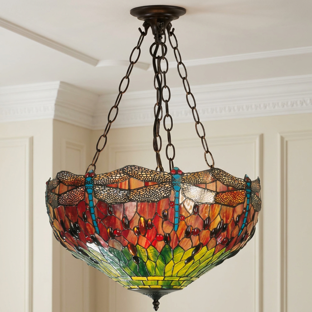 Vibrant Flame Dragonfly inverted Tiffany ceiling light with stained glass dragonflies and amber jewels on a chain.