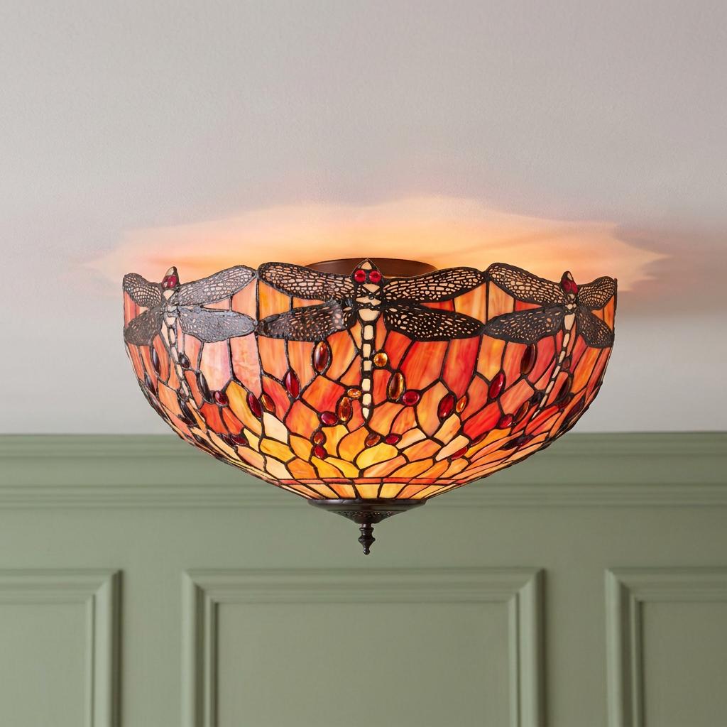 Red and orange stained glass Flame Dragonfly Tiffany flush ceiling light mounted against a pale green paneled wall.