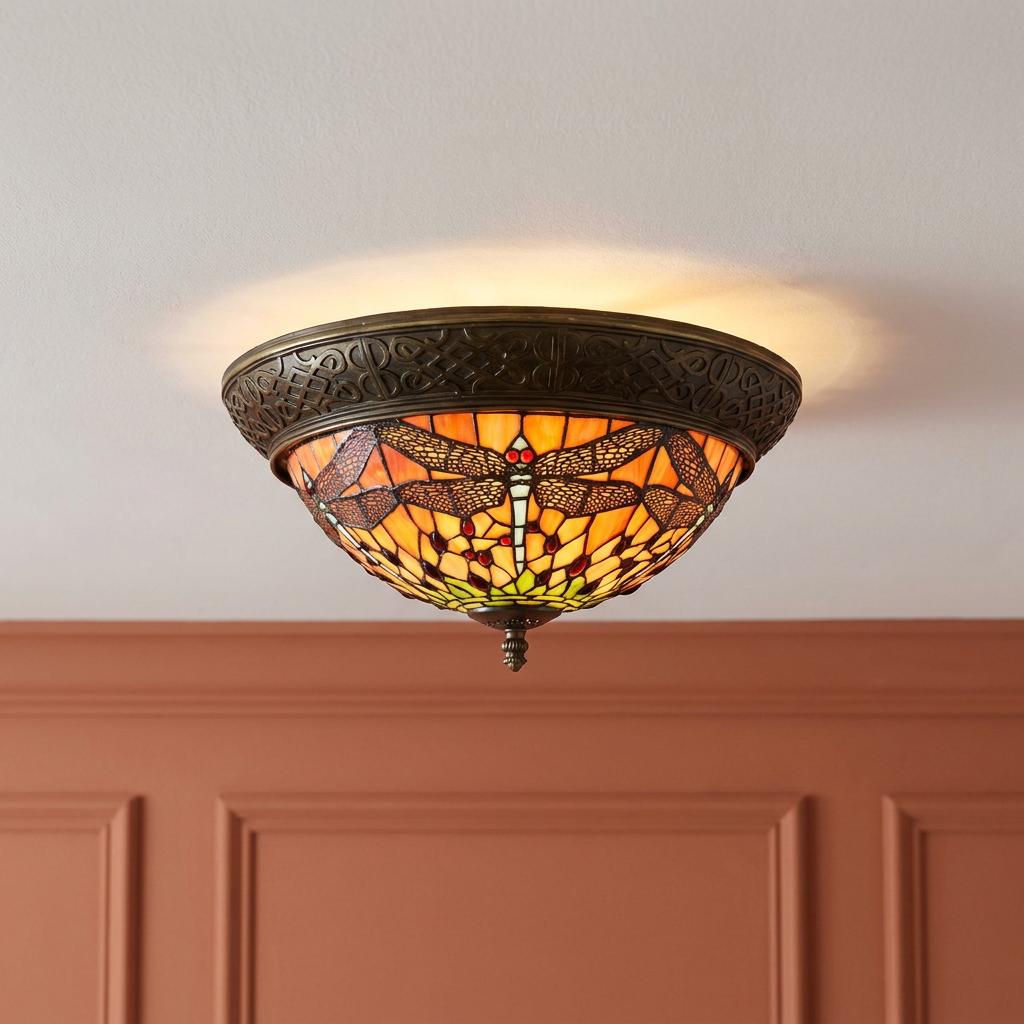 A Tiffany-style flush ceiling light with an orange dragonfly stained glass shade and bronze-finished ornate rim.
