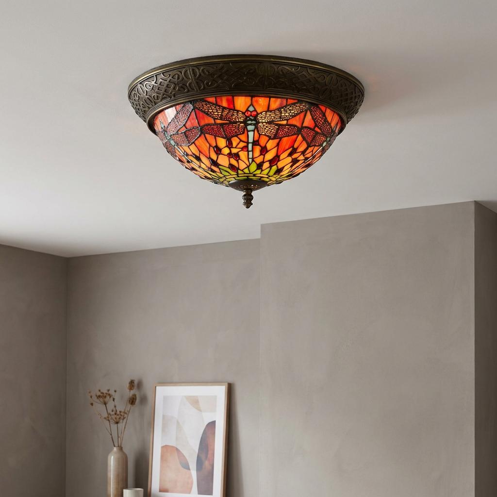 Flame Dragonfly Medium Flush Tiffany Ceiling Light featuring vibrant red and orange stained glass with dragonfly motifs.