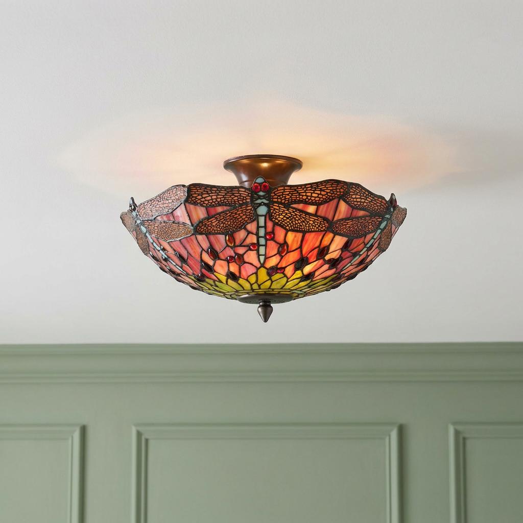 Flame Dragonfly semi-flush Tiffany ceiling light with vibrant stained glass dragonfly patterns on a white ceiling.