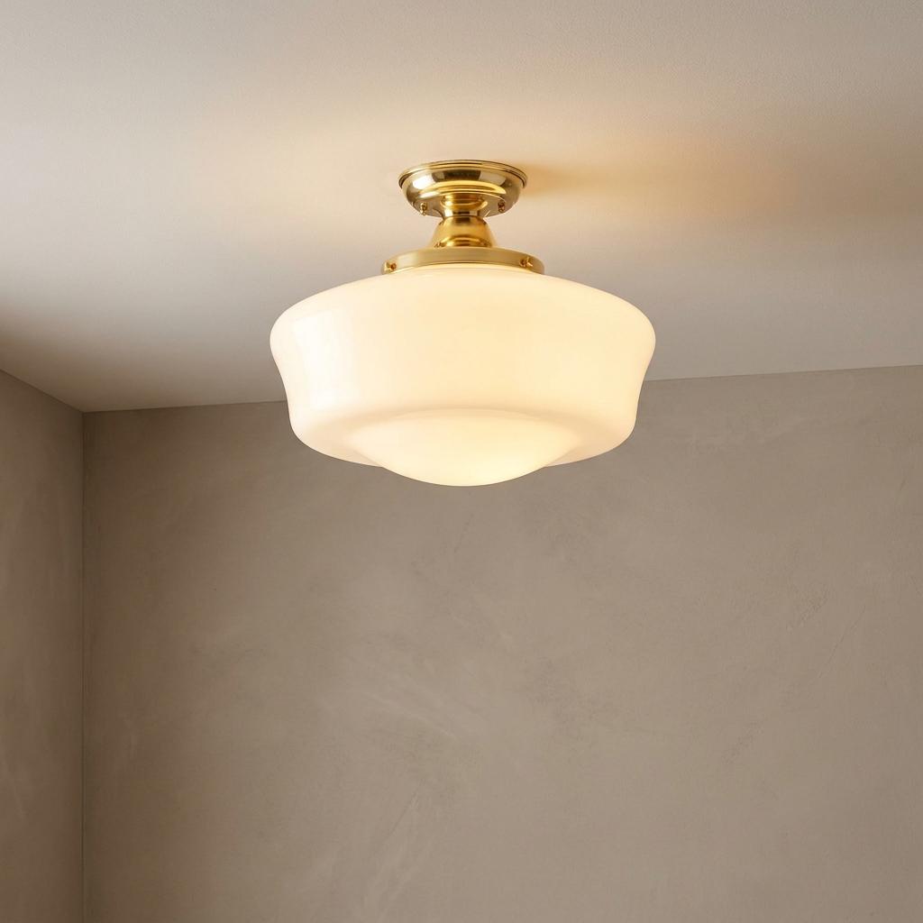 Flashed opal glass schoolhouse ceiling light with a polished brass fixture mounted on a white ceiling.