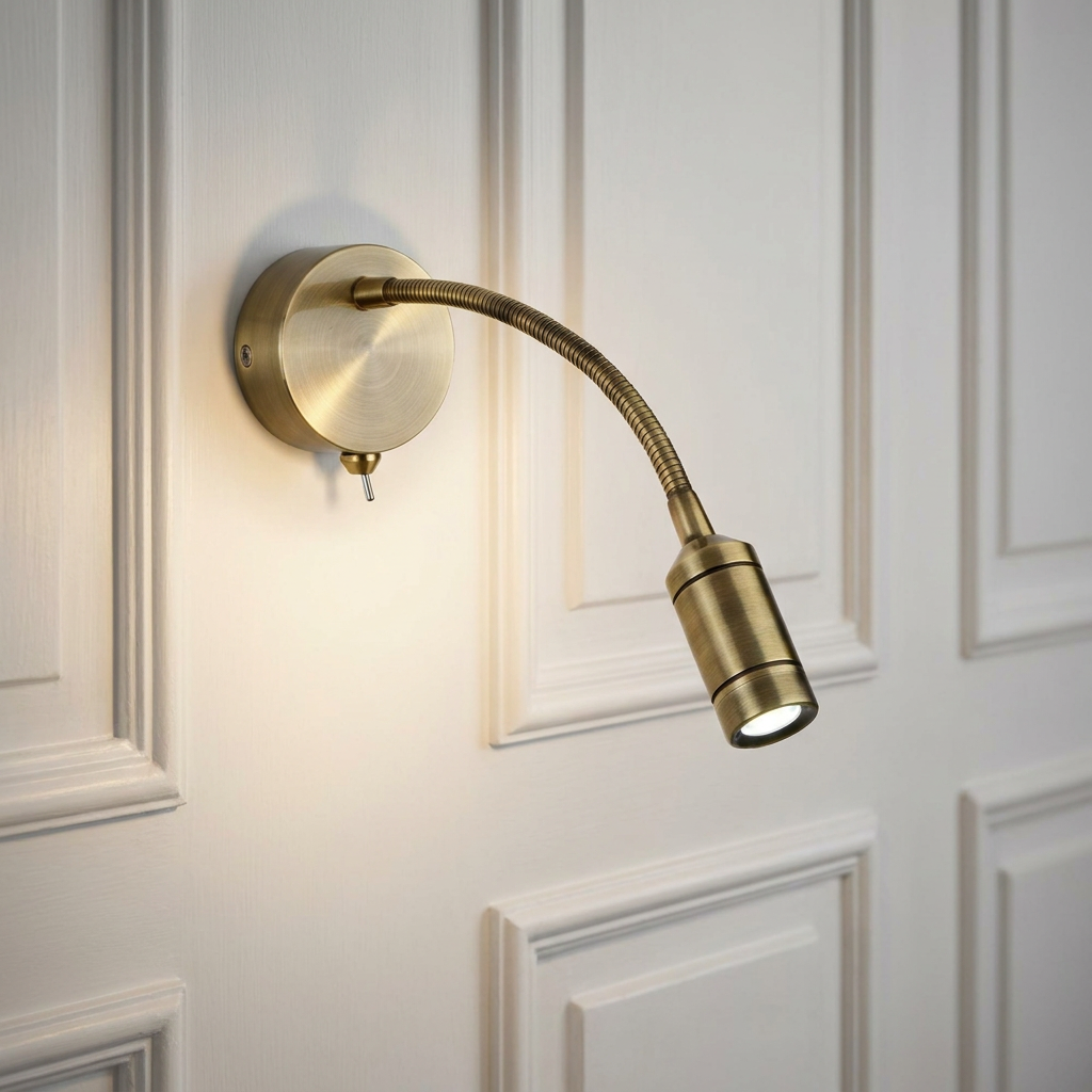 Antique brass flexible LED reading light with a toggle switch mounted on a white paneled wall.