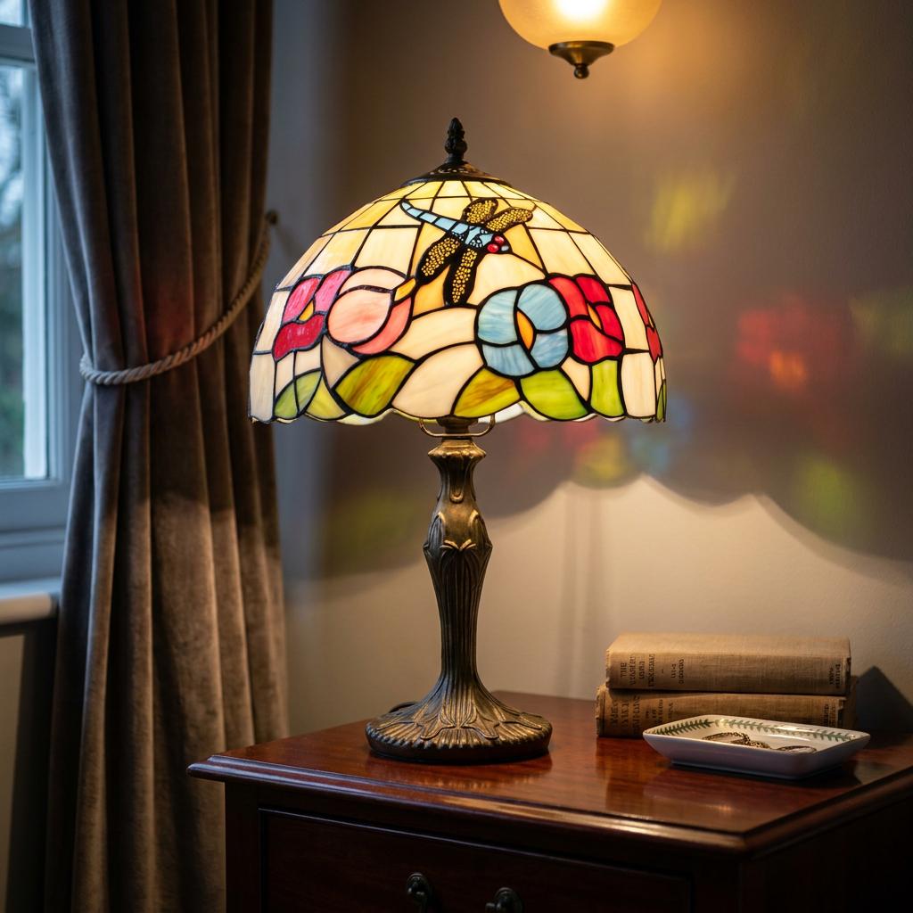 Stained glass dragonfly and floral Tiffany table lamp glowing on a wooden nightstand beside a window.