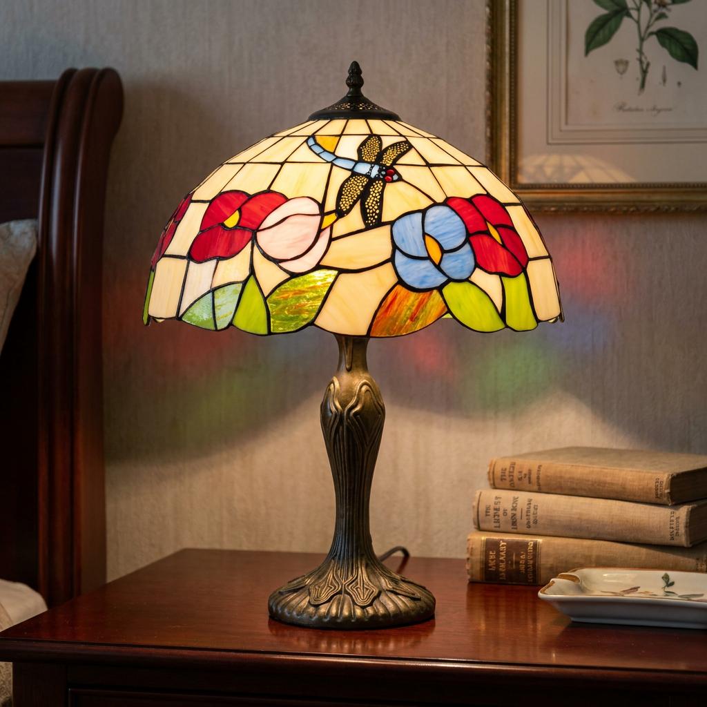 A floral dragonfly Tiffany table lamp with a stained glass shade glowing on a dark wood bedside table next to books.