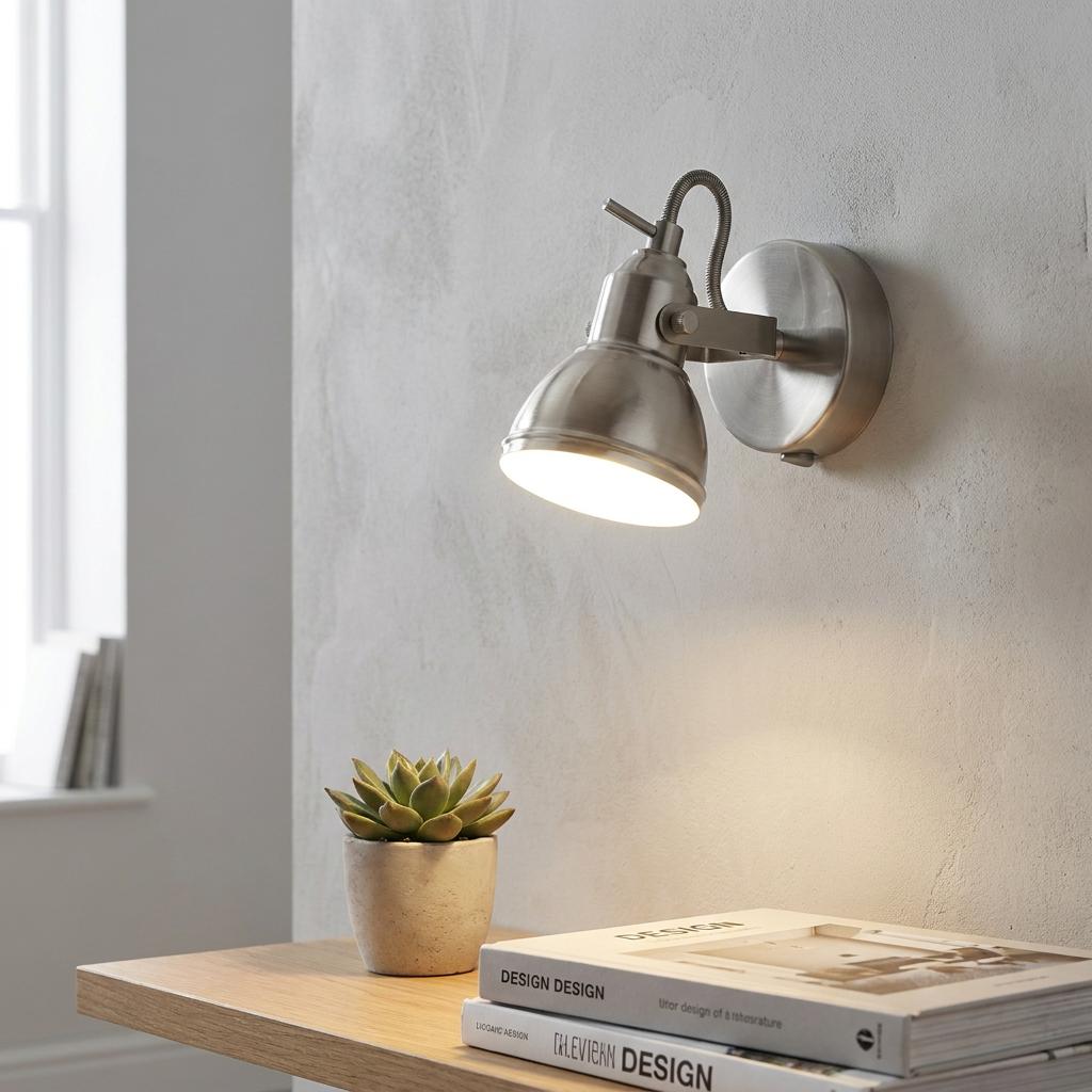 Brushed silver adjustable wall spotlight illuminating a potted succulent and books on a wooden shelf.
