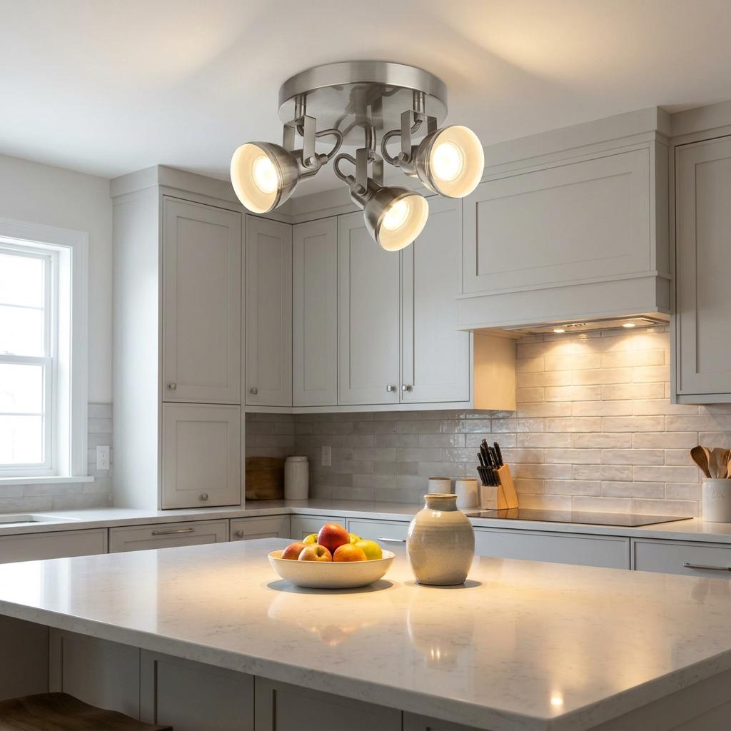 Three adjustable satin silver spotlights illuminate a modern white kitchen island with a bowl of fruit.