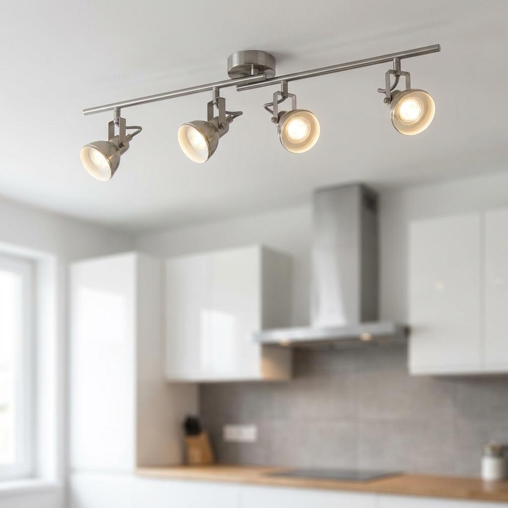 Four adjustable silver spotlights on a split-bar track, illuminated in a modern kitchen setting.