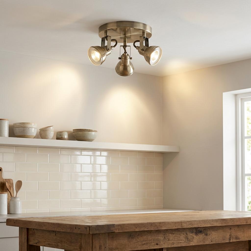 Three-lamp antique brass spotlight fixture mounted on a kitchen ceiling above a wooden island and white tiled wall.