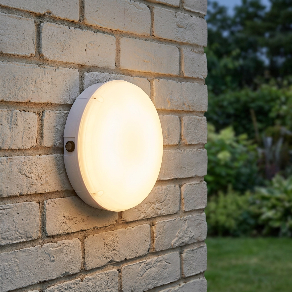 Round white LED bulkhead light with a daylight sensor glowing warmly on a light brick wall in a garden setting.