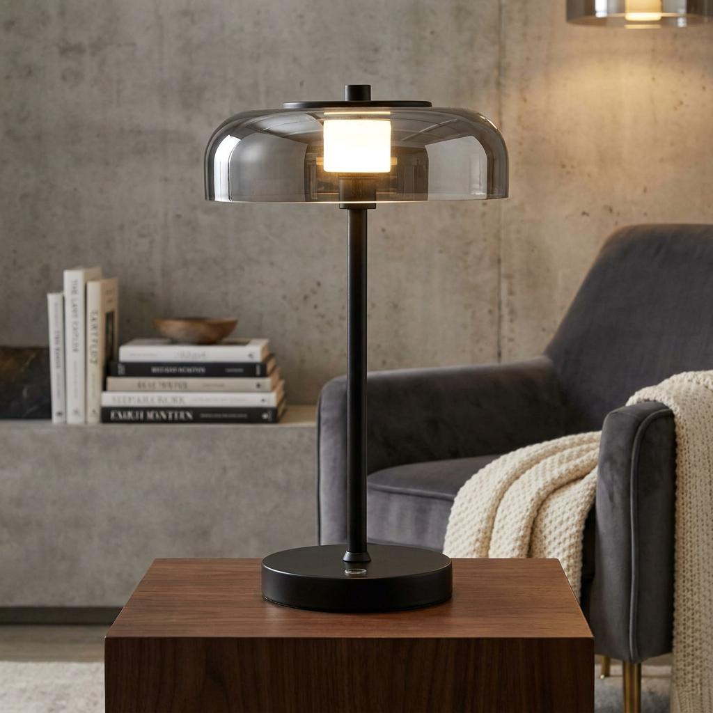 Modern black LED table lamp with a wide smoked glass shade on a wooden plinth against a concrete wall.
