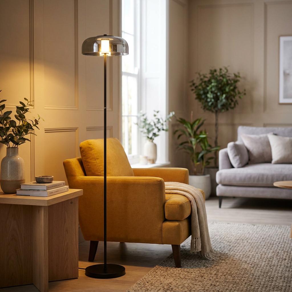 Frisbee modern black LED floor lamp with a smoked glass shade next to a yellow armchair in a cozy living room.