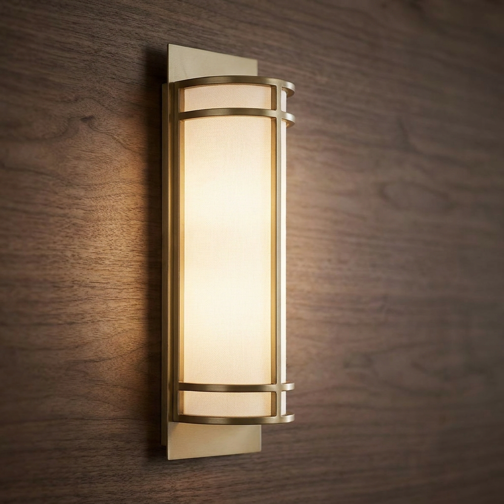 Fusion 2 Light Brass Art Deco Wall Light with a warm glow, mounted on a dark wood paneled wall.