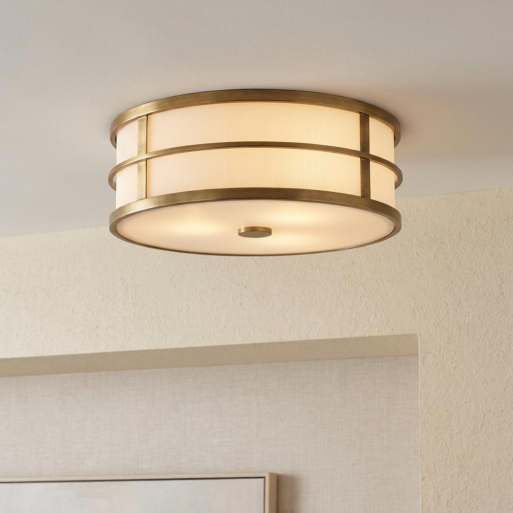 Brass Art Deco flush ceiling light with a ribbed glass drum shade mounted on a white ceiling.