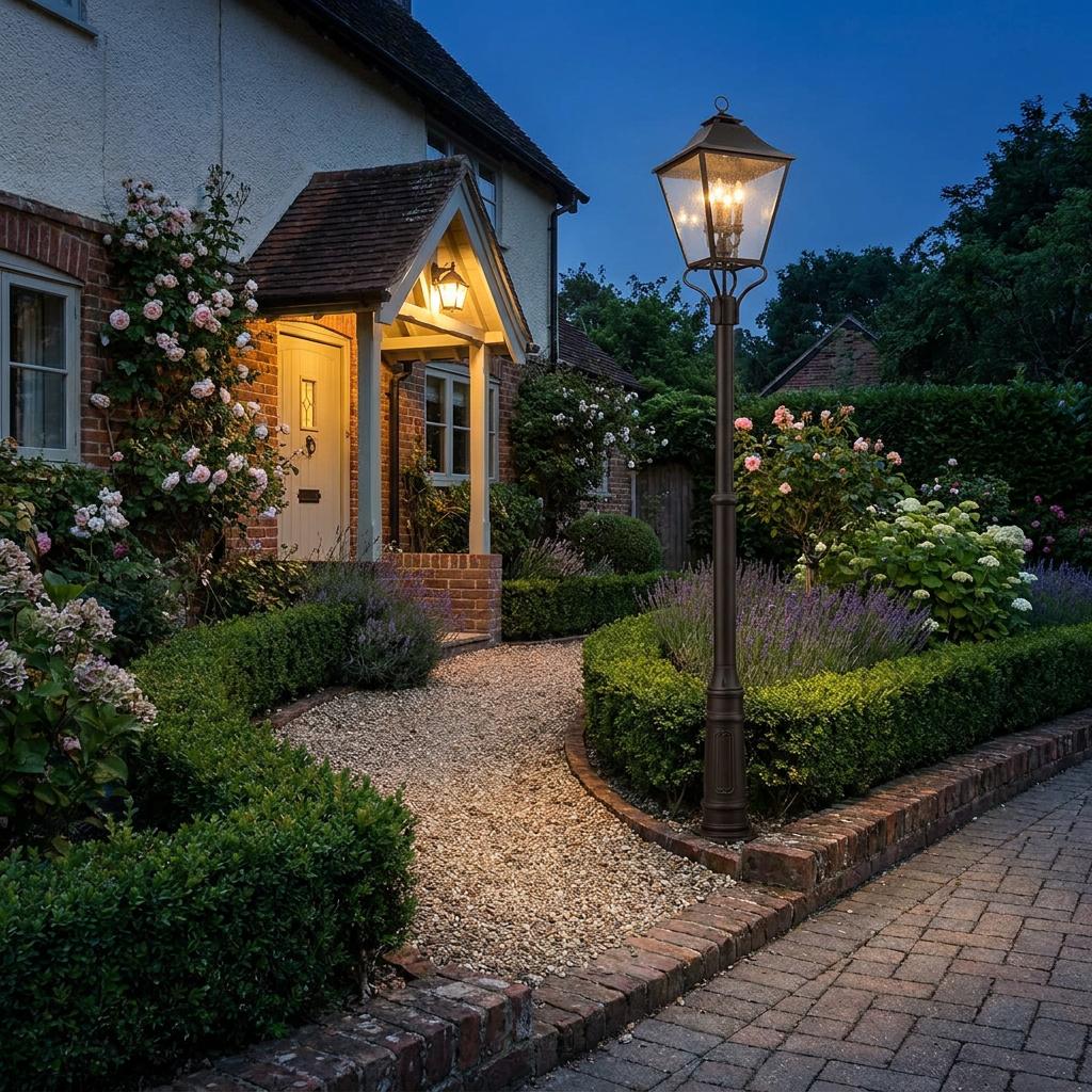 Traditional bronze 4-light lamp post illuminating a gravel garden path outside a cottage at dusk.
