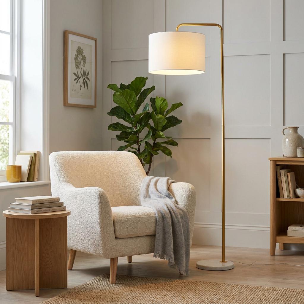 Modern gold floor lamp with a white drum shade and marble base in a cozy living room next to a boucle armchair.