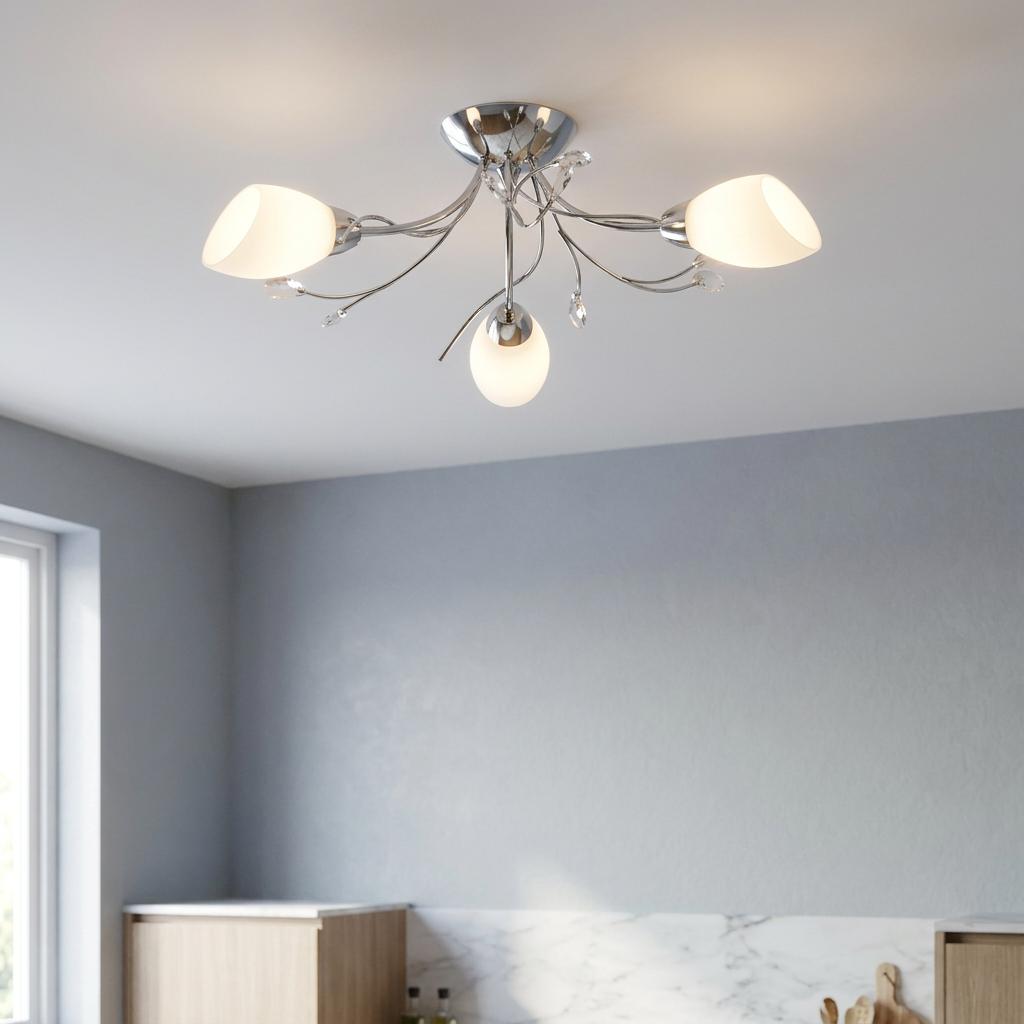 Gardenia 3 Light Chrome & Crystal Ceiling Flush light with frosted shades and curved arms on a white ceiling.