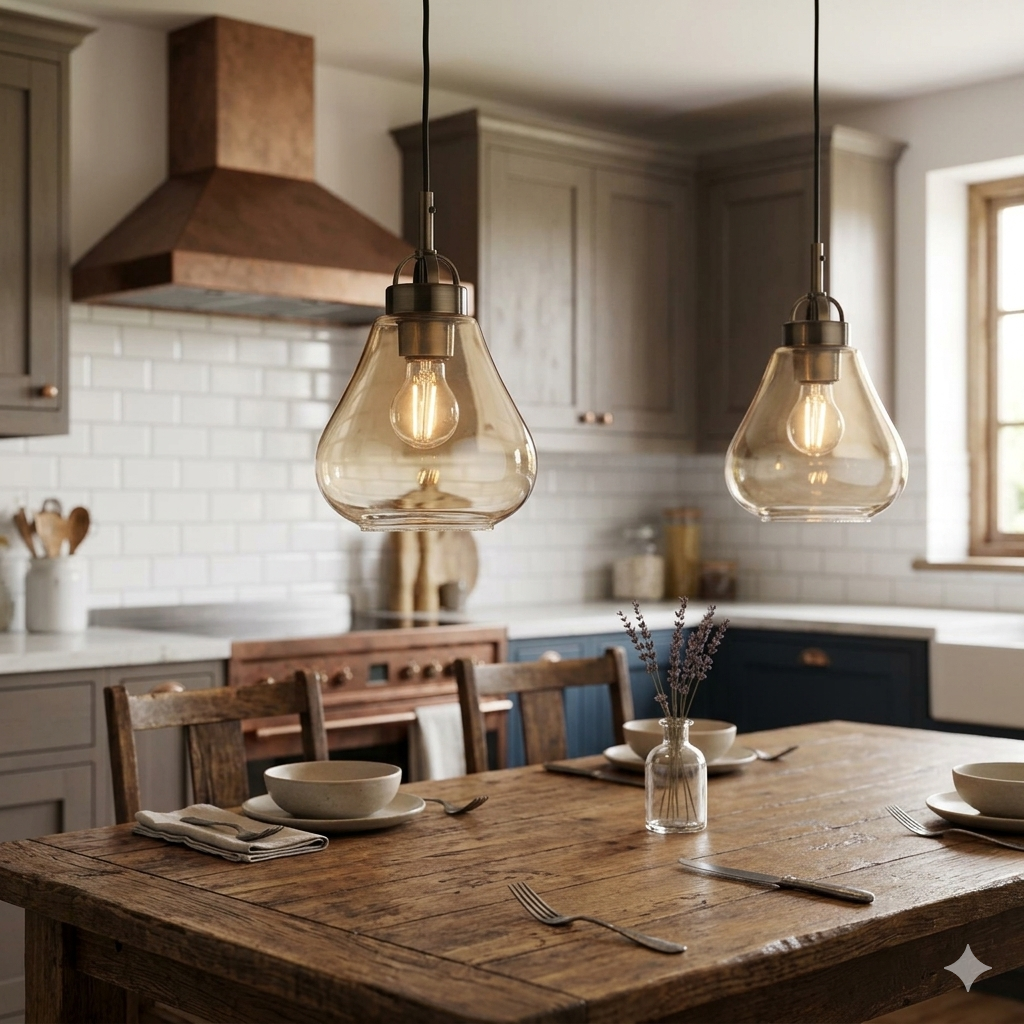 Turua Antique Brass & Amber Glass Kitchen Ceiling Light