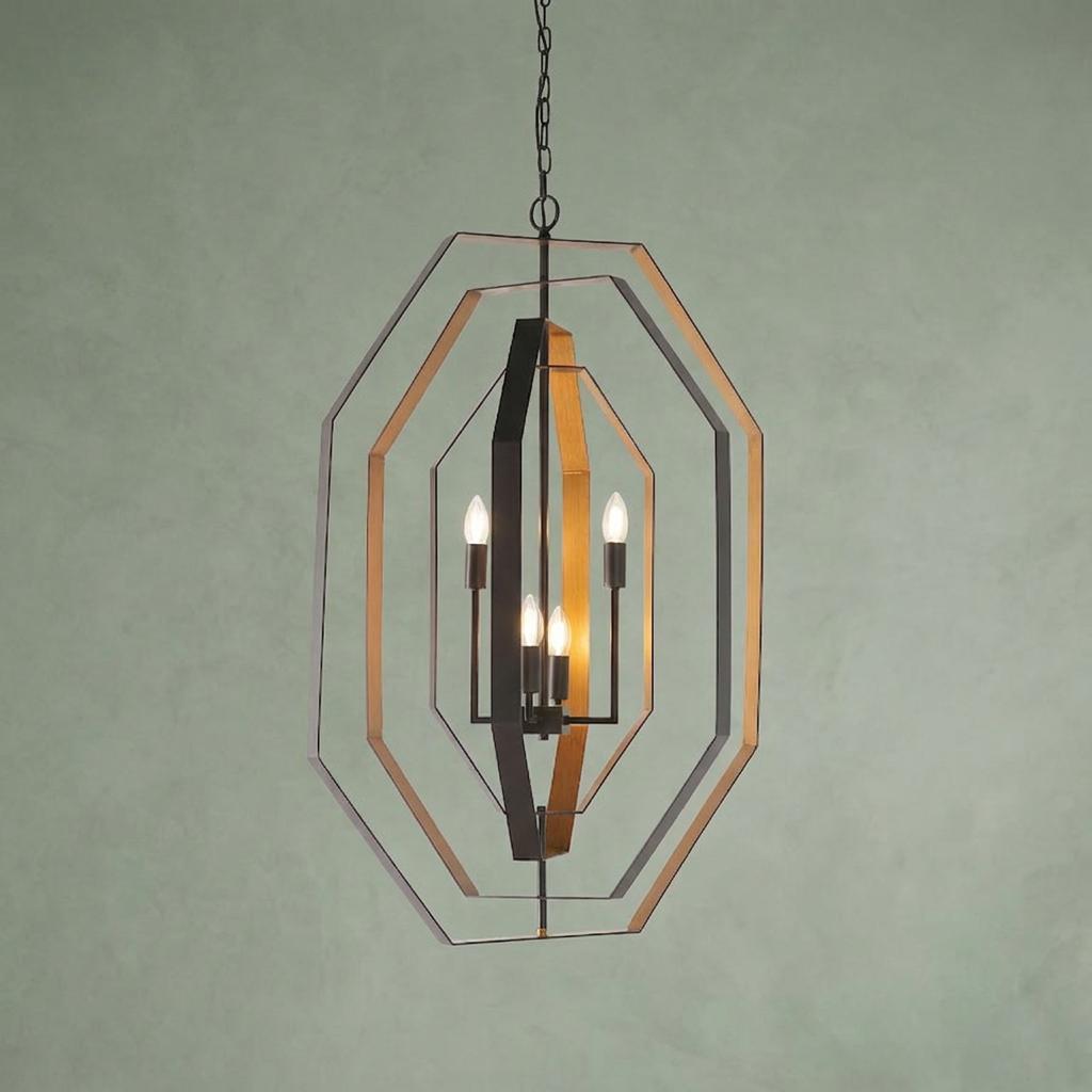 Geometric four-light pendant with bronze and gold nested octagonal frames against a sage green background.