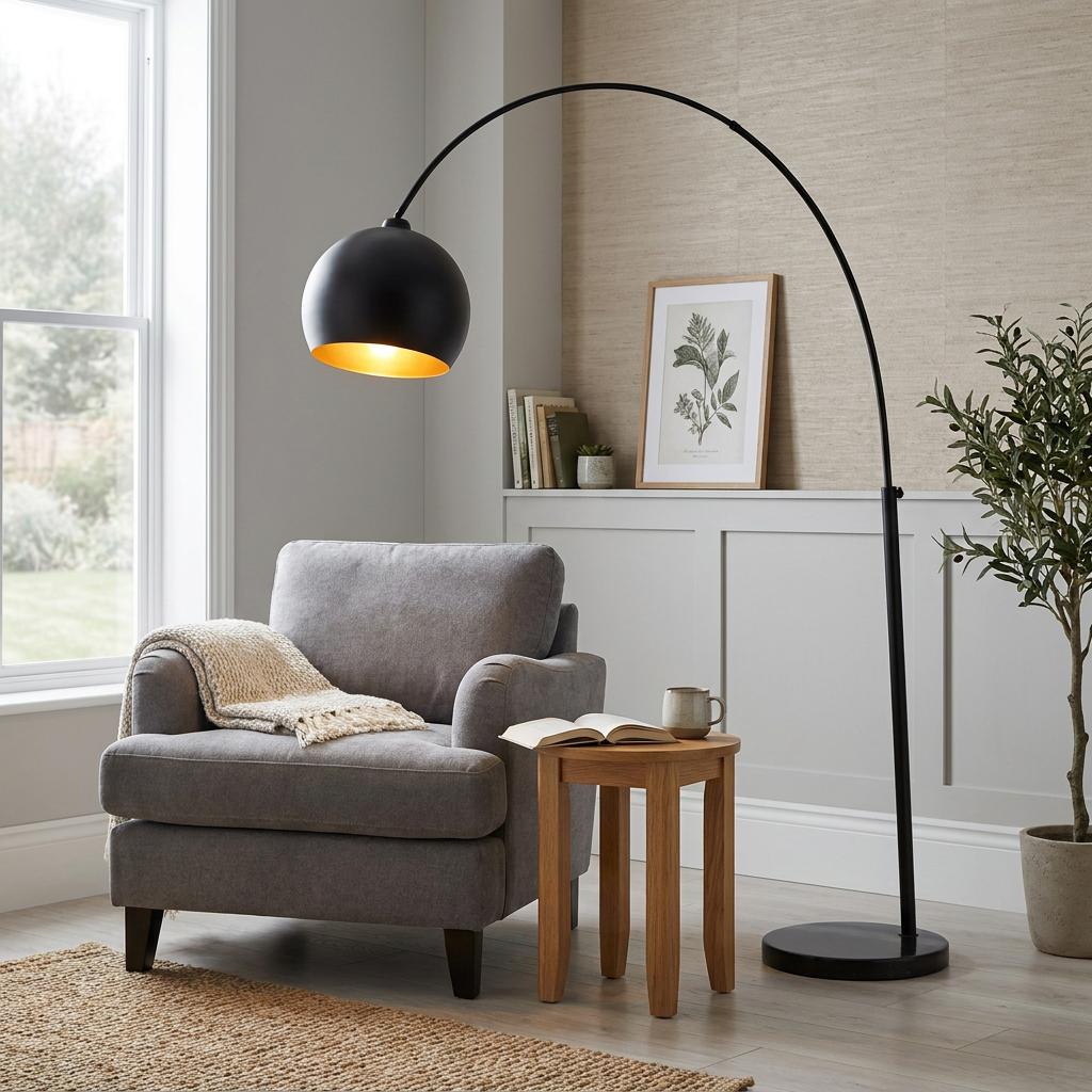 A black arching floor lamp with a gold-lined shade illuminating a cozy reading nook with a grey armchair.