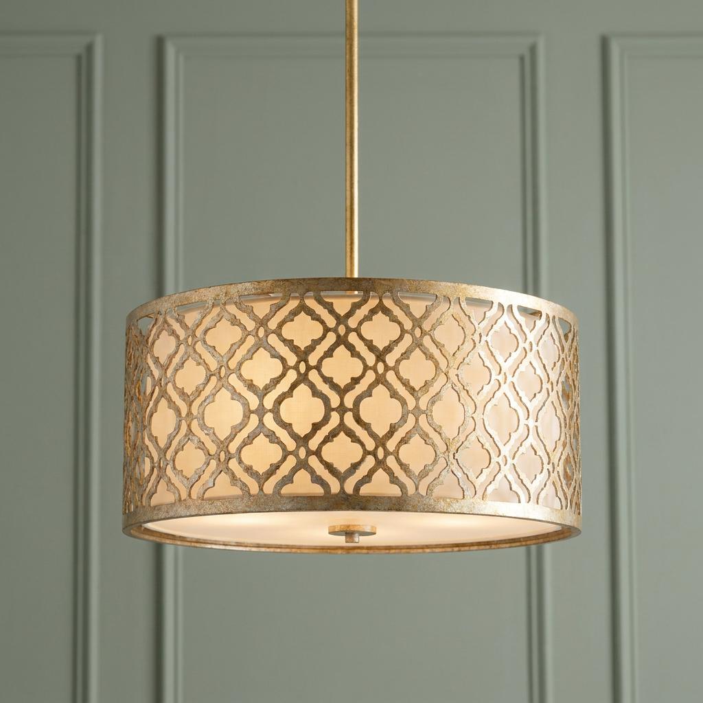 A large gilded pendant light with an intricate geometric lattice drum shade and cream fabric diffuser.