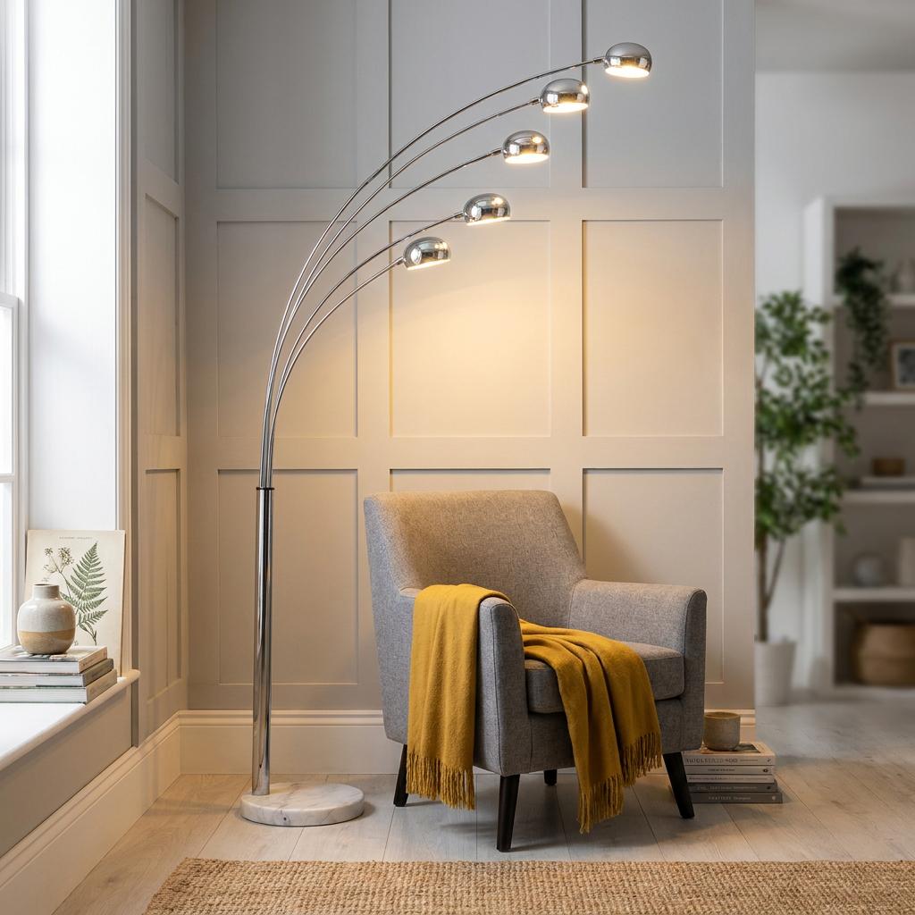 A five-arm chrome arc floor lamp with a marble base illuminating a grey armchair in a modern living room.