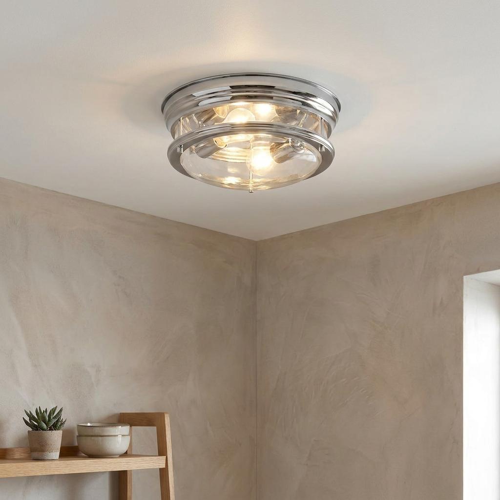 Glasgow 2 Light Chrome and Glass Bathroom Flush Ceiling Light featuring a polished chrome frame and clear glass bowl.