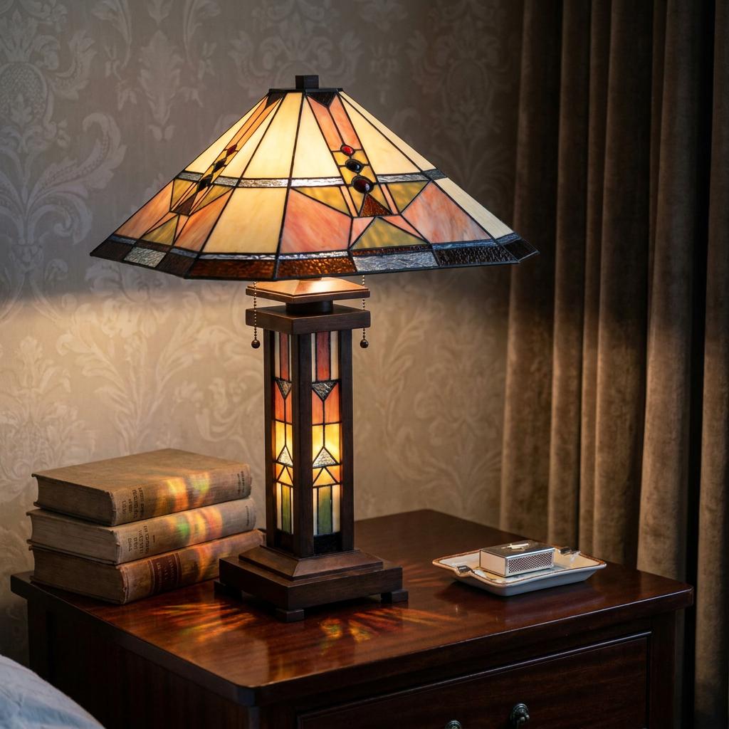 Mission style Glasgow Tiffany table lamp with geometric stained glass shade and lit base on a wooden nightstand.