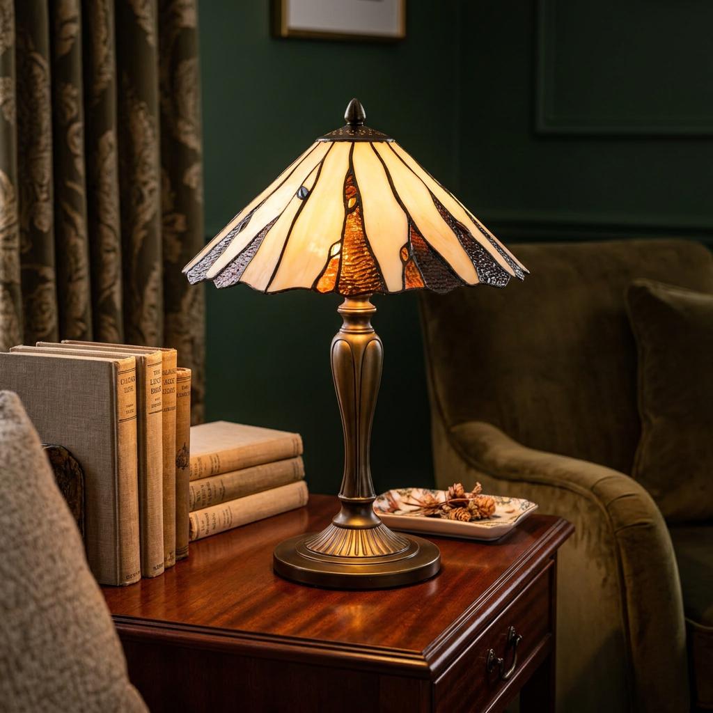 Glengorm Tiffany table lamp with a beige and amber scalloped glass shade on a wooden table with vintage books.