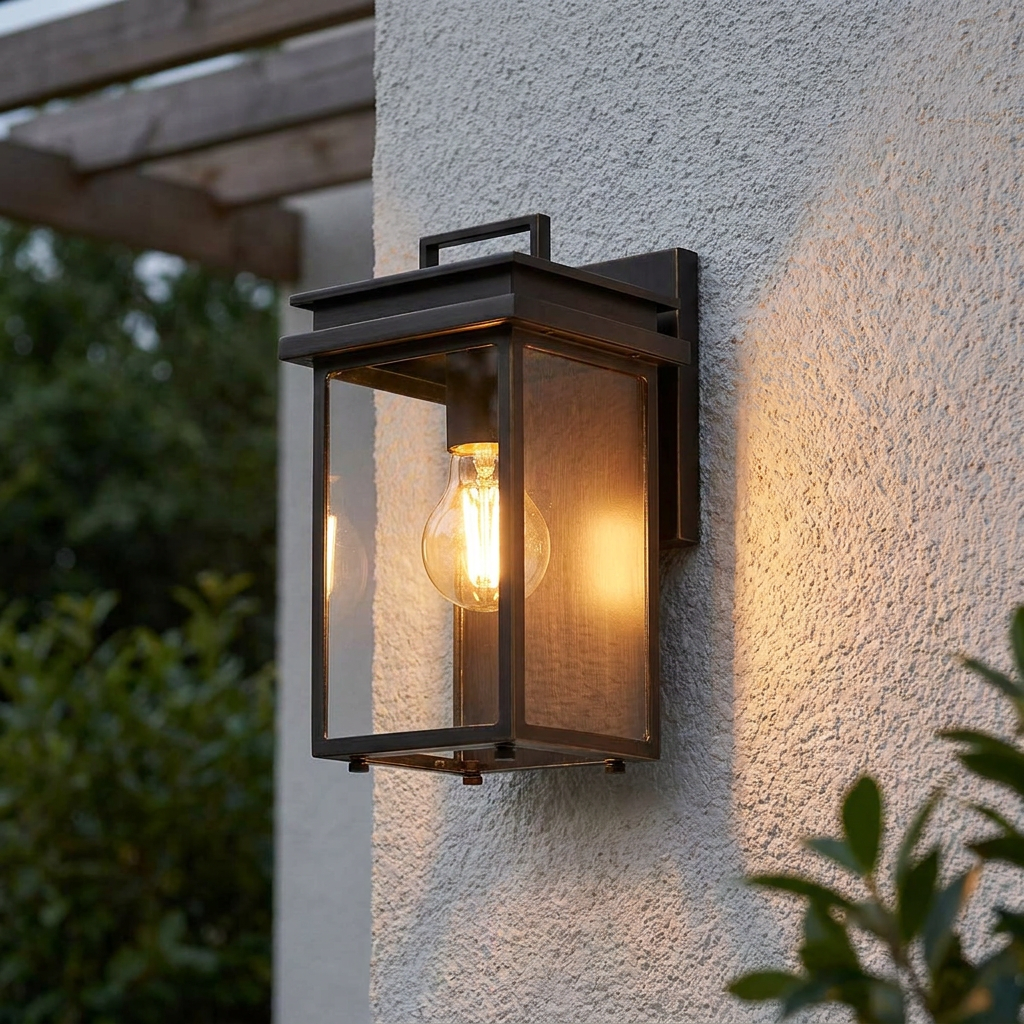Glenview bronze outdoor wall lantern with a warm glowing bulb mounted on a textured white wall.