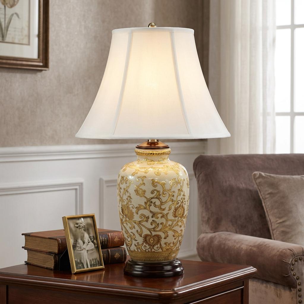 Gold Thistle ceramic table lamp with a white shade on a wooden end table in a cozy living room.