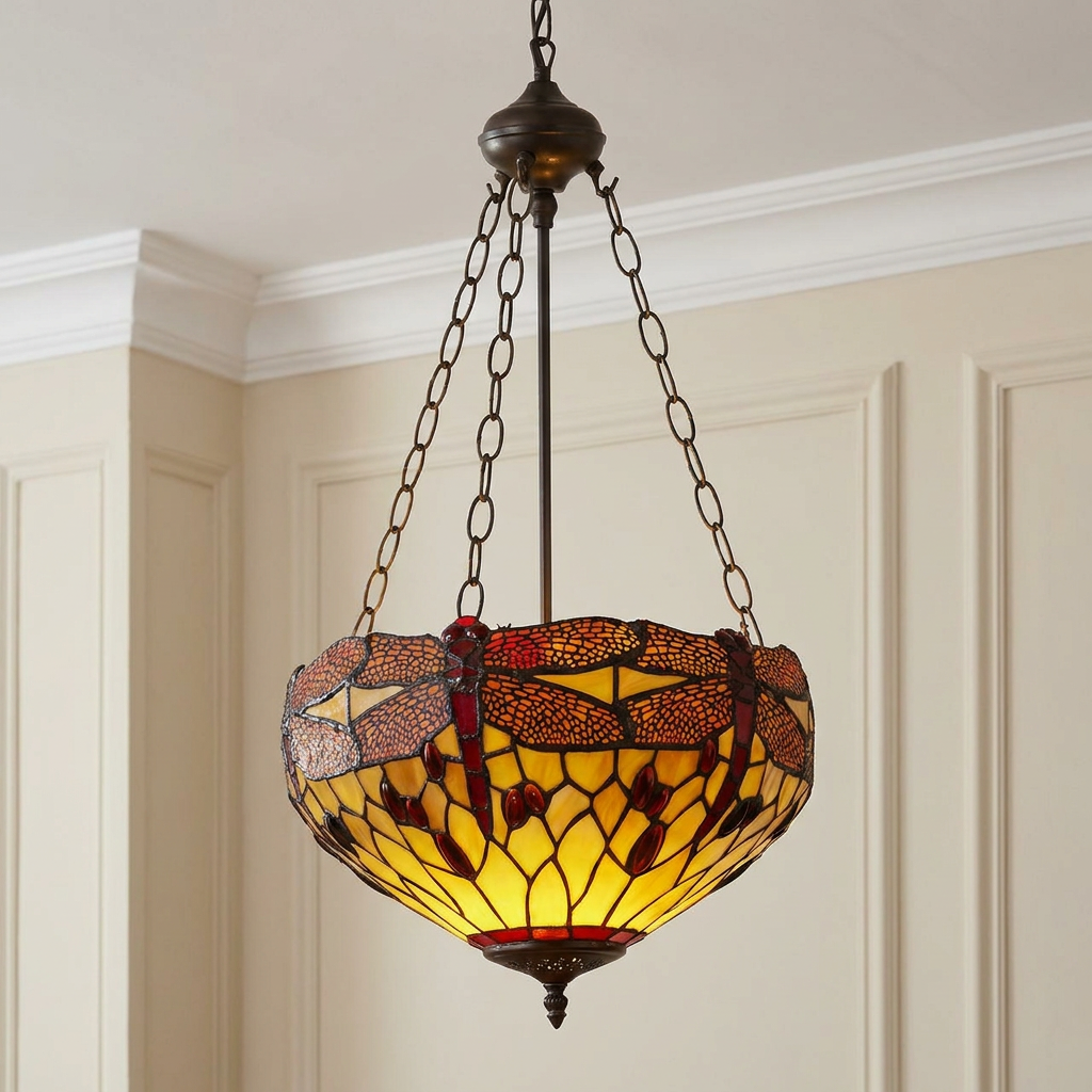 Golden Dragonfly Tiffany-style inverted ceiling pendant with glowing stained glass wings and chain suspension.