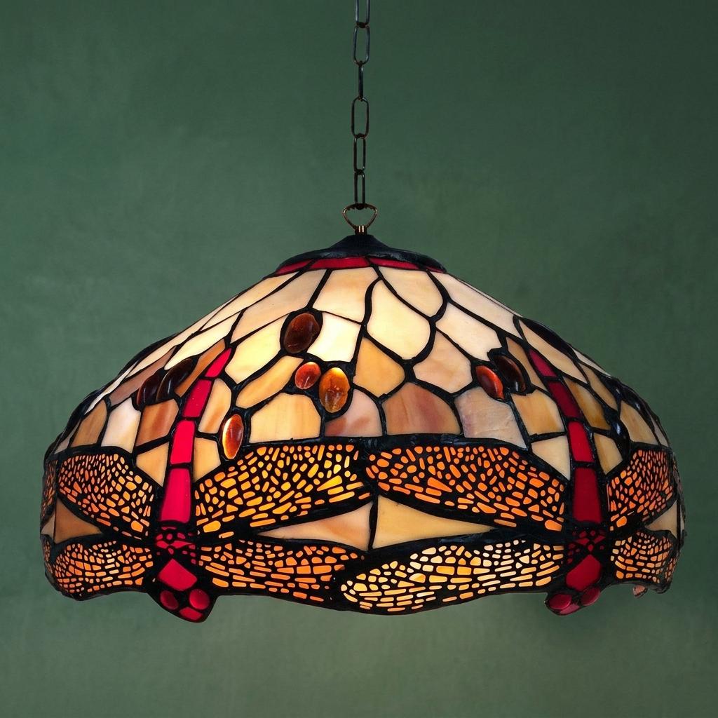 Golden Dragonfly Tiffany ceiling light with red dragonflies and amber jewels against a green background.