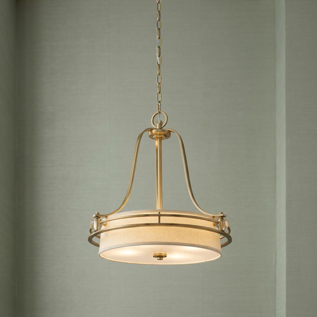 Brushed brass pendant light with a cream fabric drum shade and curved metal arms hanging from a chain.