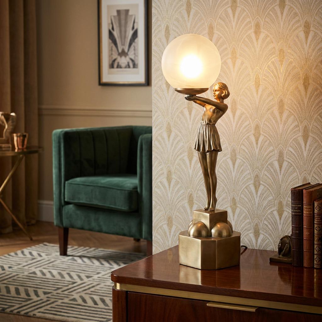 Grace Art Deco figurine lamp featuring a woman holding a glowing frosted globe, placed on a wooden sideboard.