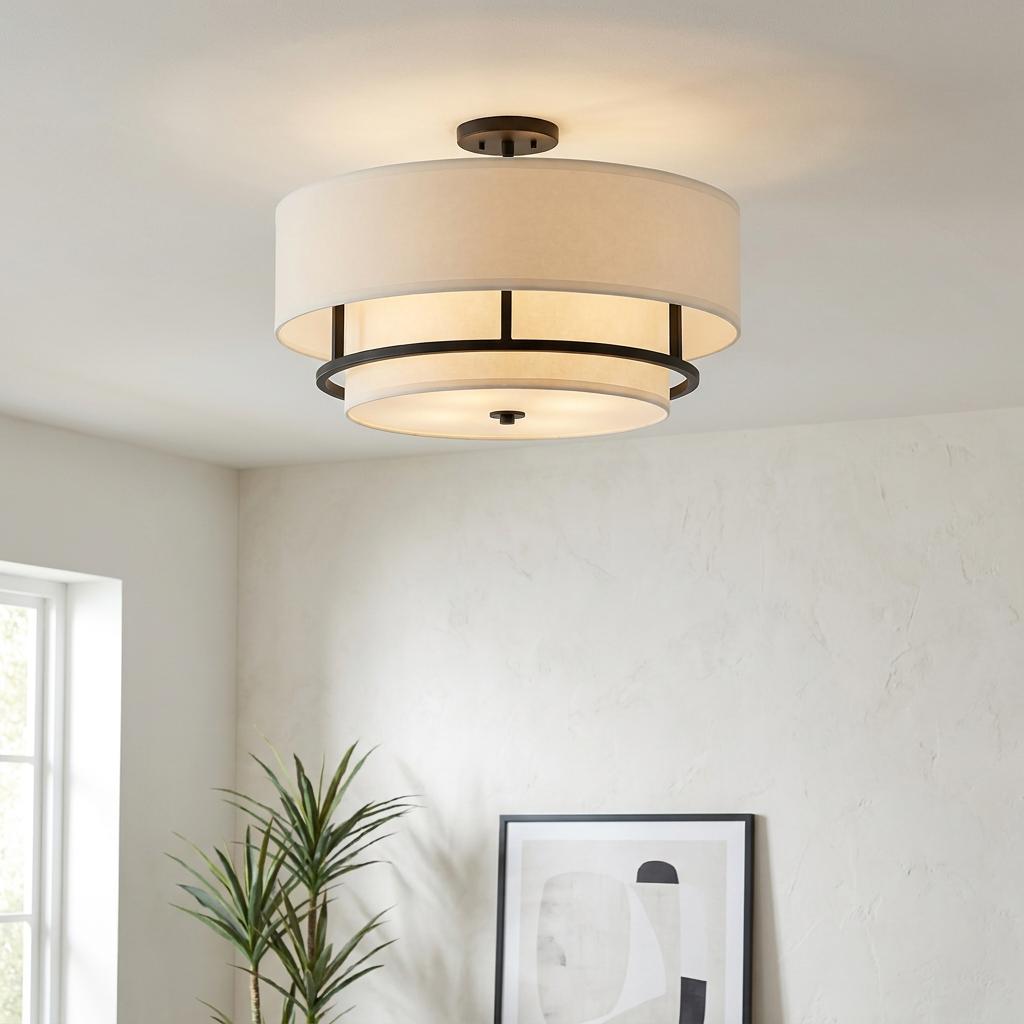 Graham black semi-flush ceiling light featuring a two-tier white fabric drum shade in a modern room.