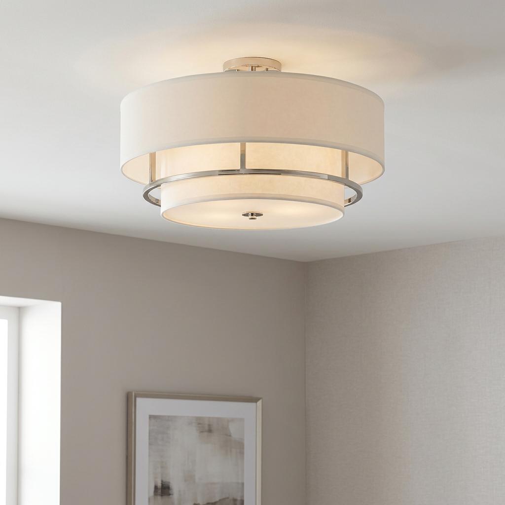 Graham 4-light polished nickel semi-flush ceiling light featuring a two-tier off-white drum shade.