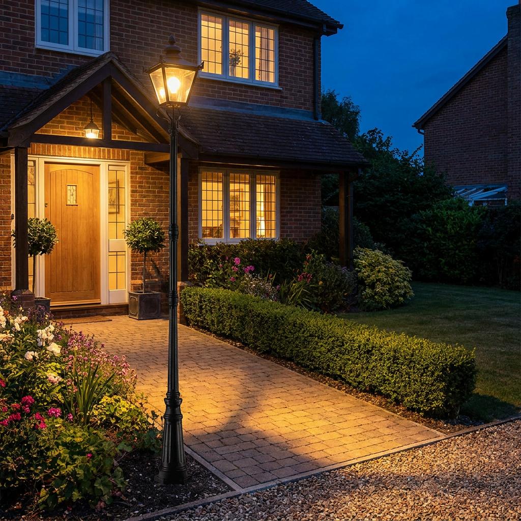 A black lantern-style lamp post illuminates a paved driveway in front of a brick house at dusk.