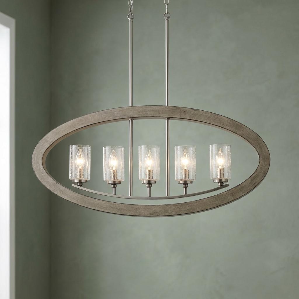 Grand Bank 5-light oval chandelier with distressed grey wood frame and cylindrical seeded glass shades.