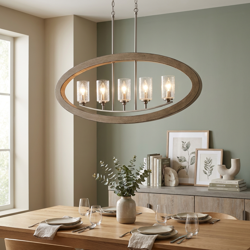 Oval wood-framed chandelier with five seeded glass shades hanging over a contemporary rustic dining table.