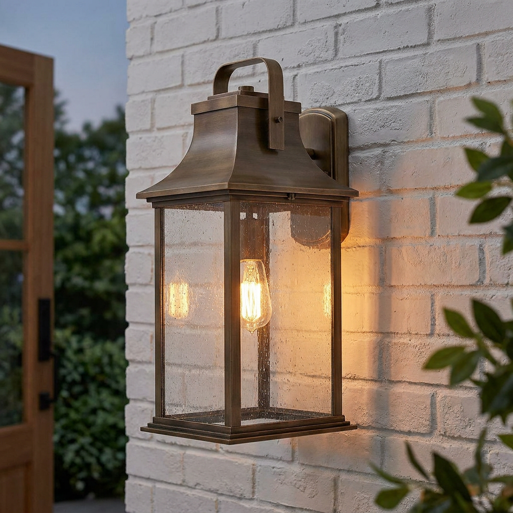Bronze outdoor wall lantern with seeded glass panels and an Edison bulb mounted on a white brick wall.