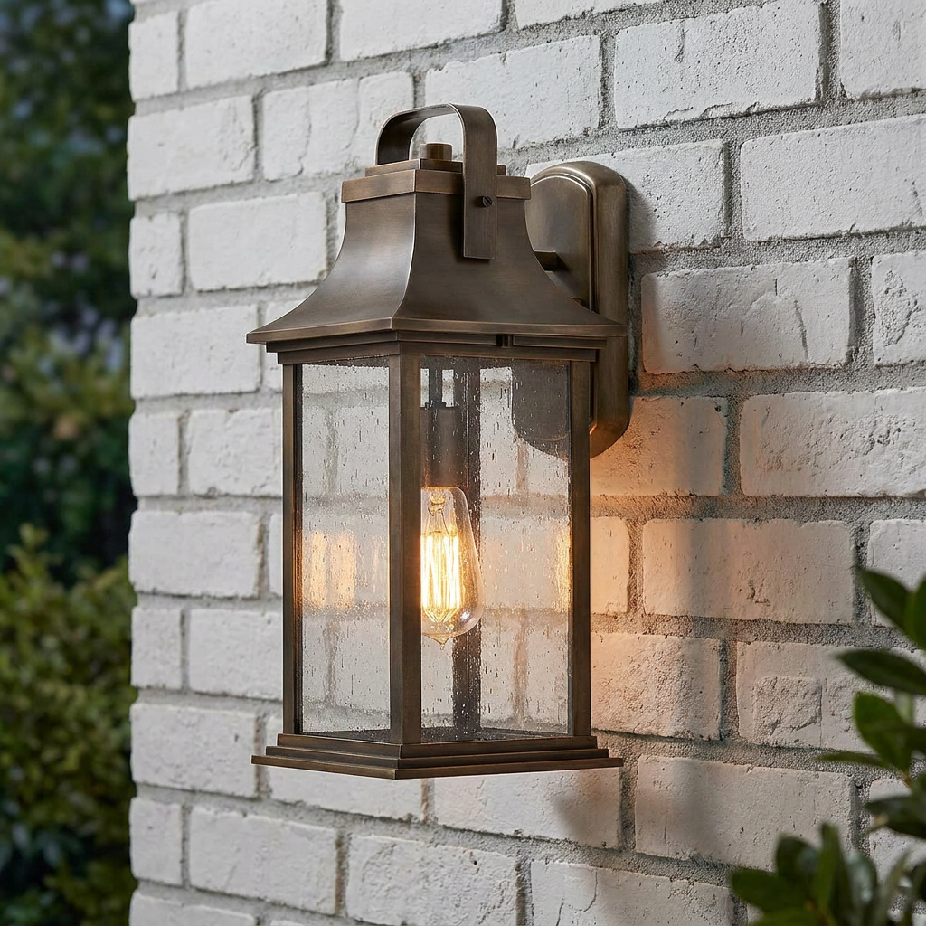 Grant medium bronze outdoor wall lantern with seeded glass and a glowing bulb mounted on a white brick wall.