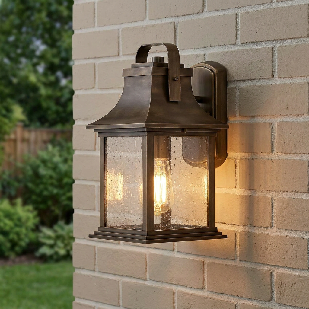 A bronze outdoor wall lantern with a lit Edison bulb and seeded glass panels mounted on a light brick wall.