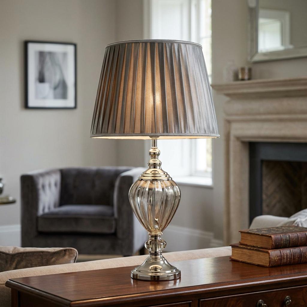 Greyson clear glass urn table lamp with a grey pleated shade on a wooden sideboard in a living room.