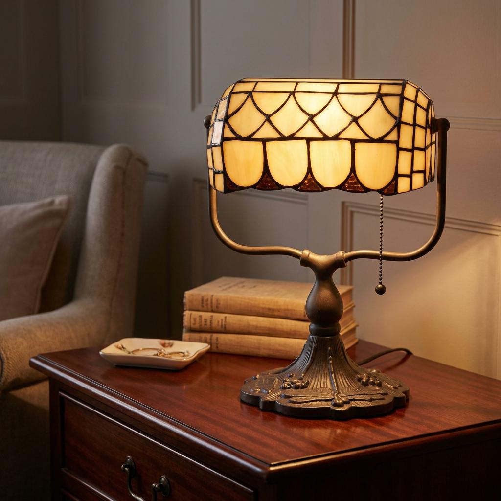 Guildford Tiffany bankers lamp with a scalloped cream glass shade on a dark wood side table beside books.