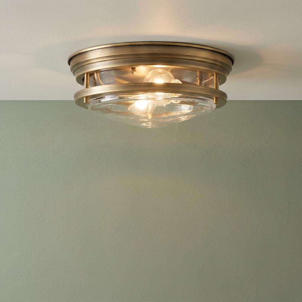 Hadrian 2-light flush mount ceiling light in brushed bronze with clear glass against a sage green wall.